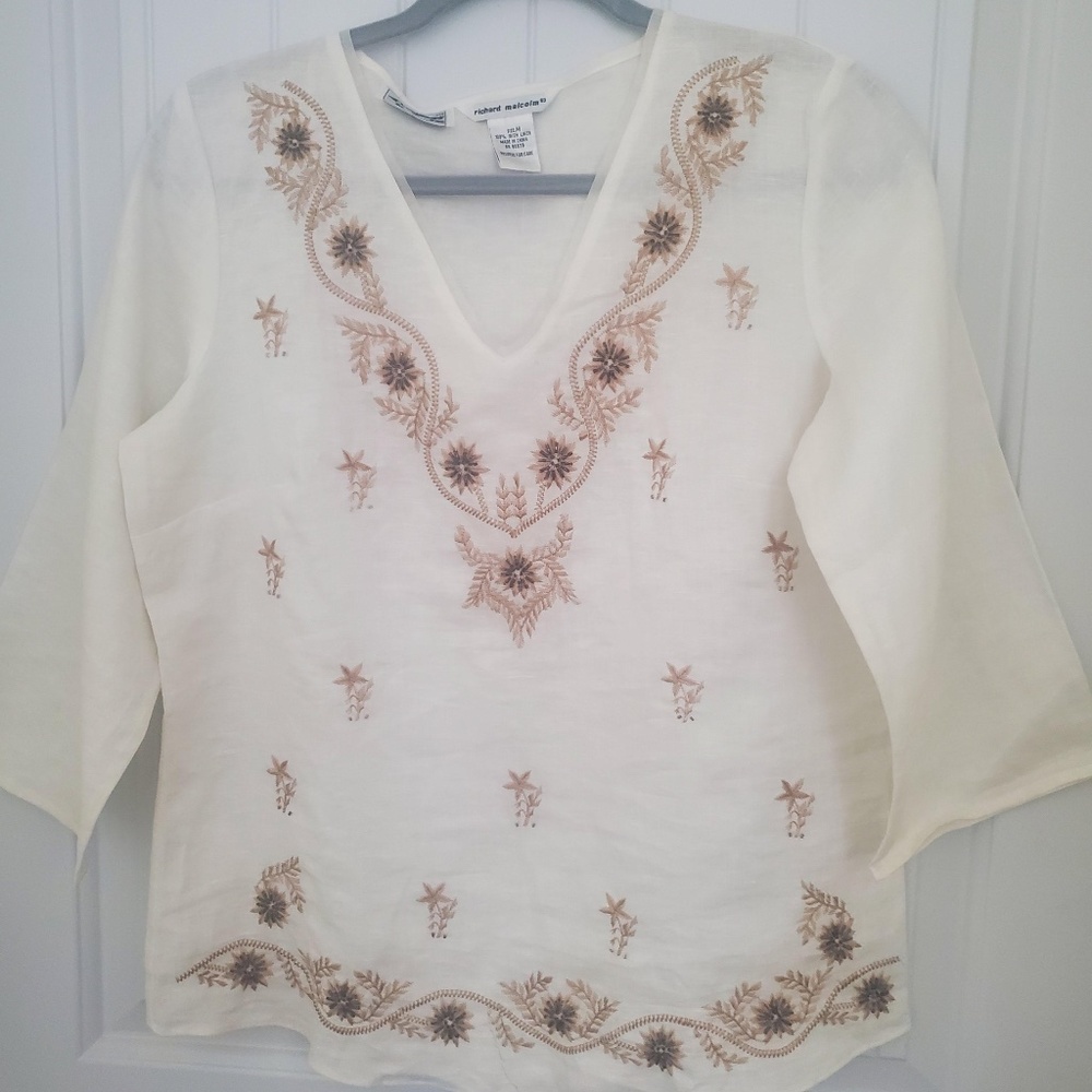 EUC RICHARD MALCOLM 100% IRISH LINEN WHITE/TAN EMBROIDERED TUNIC BEADED TOP MED